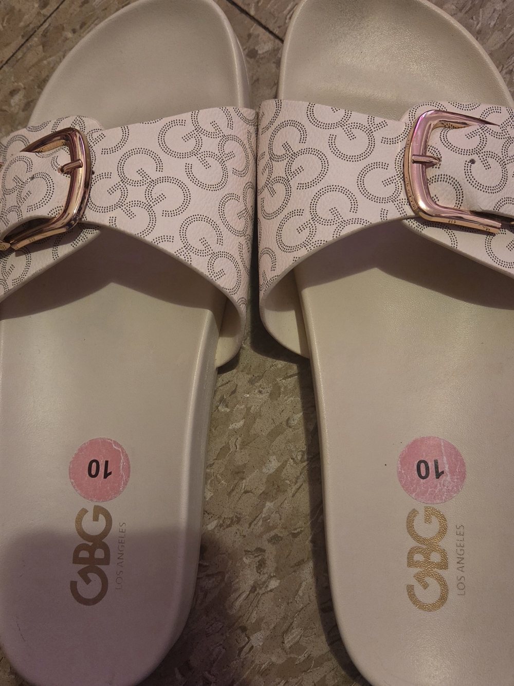 GBG Los Angeles Pale Pink Logo-Print Slide Sandals with Rose Gold Buckles